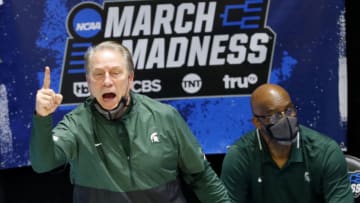 Michigan State head coach Tom Izzo yells to his players during the First Four of the 2021 NCAA Tournament on Thursday, March 18, 2021, at Mackey Arena in West Lafayette, Ind. Mandatory Credit: Robert Scheer/IndyStar via USA TODAY Sports