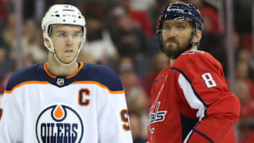 WASHINGTON, DC - NOVEMBER 12: Edmonton Oilers center Connor McDavid (97) and Washington Capitals left wing Alex Ovechkin (8) in the face-off circle during a NHL game between the Washington Capitals and the Edmonton Oilers on November 12, 2017, at Capital One Arena, in Washington D.C.The Capitals defeated the Oilers 2-1 in a shootout(Photo by Tony Quinn/Icon Sportswire via Getty Images)