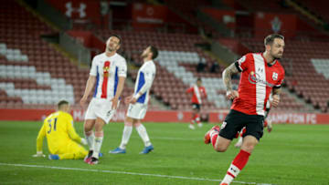 SOUTHAMPTON, ENGLAND - MAY 11: Danny Ings of Southampton scores his second to make it 3-1 and celebrates during the Premier League match between Southampton and Crystal Palace at St Mary's Stadium on May 11, 2021 in Southampton, England. Sporting stadiums around the UK remain under strict restrictions due to the Coronavirus Pandemic as Government social distancing laws prohibit fans inside venues resulting in games being played behind closed doors. (Photo by Robin Jones/Getty Images)