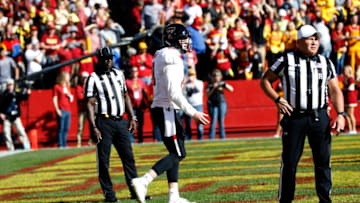 AMES, IA - OCTOBER 27: Quarterback Alan Bowman #10 of the Texas Tech Red Raiders argues a safety call with the referees lates in the second half of play against the Iowa State Cyclones at Jack Trice Stadium on October 27, 2018 in Ames, Iowa. The Iowa State Cyclones won 40-31 over the Texas Tech Red Raiders. (Photo by David Purdy/Getty Images)