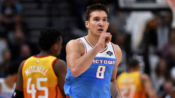 SALT LAKE CITY, UT - NOVEMBER 21: Bogdan Bogdanovic #8 of the Sacramento Kings reacts after his three point basket against the Utah Jazz in the second half of a NBA game at Vivint Smart Home Arena on November 21, 2018 in Salt Lake City, Utah. NOTE TO USER: User expressly acknowledges and agrees that, by downloading and or using this photograph, User is consenting to the terms and conditions of the Getty Images License Agreement. (Photo by Gene Sweeney Jr./Getty Images)