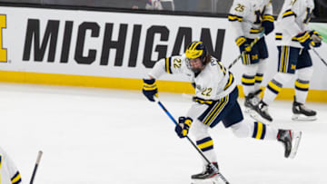 BOSTON, MA - APRIL 7: Owen Power #22 of the Michigan Wolverines warms up before a game against the Denver Pioneers during game one of the 2022 NCAA Division I Men's Hockey Frozen Four Championship semifinal at TD Garden on April 7, 2022 in Boston, Massachusetts. The Pioneers won 3-2 in overtime to advance to the national championship game. (Photo by Richard T Gagnon/Getty Images)