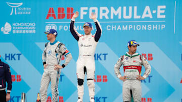 HONG KONG, HONG KONG - MARCH 10: Sam Bird (GBR), Envision Virgin Racing celebrates victory on the podium with Edoardo Mortara (CHE) Venturi Formula E, 2nd position, and Lucas Di Grassi (BRA), Audi Sport ABT Schaeffler, 3rd position on March 10, 2019 in Hong Kong, Hong Kong. (Photo by FIA ABB Formula E/Handout/Getty Images)