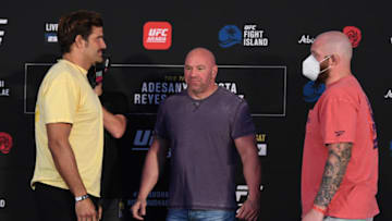 ABU DHABI, UNITED ARAB EMIRATES - SEPTEMBER 25: In this handout image provided by UFC, (L-R) Opponents Juan Espino of Spain and Jeff Hughes face off during the UFC 253 weigh-in on September 25, 2020 at Flash Forum on UFC Fight Island, Abu Dhabi, United Arab Emirates. (Photo by Josh Hedges/Zuffa LLC via Getty Images)