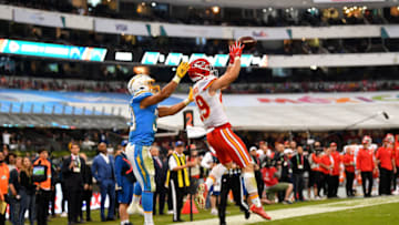MEXICO CITY, MEXICO - NOVEMBER 18: Daniel Sorensen #49 of the Kansas City Chiefs makes a game winning interception over Austin Ekeler #30 of the Los Angeles Chargers during an NFL football game, Monday on November 18, 2019, in Mexico City. The Chiefs defeated the Chargers 24-17. (Photo by Alika Jenner/Getty Images)