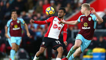 SOUTHAMPTON, ENGLAND - NOVEMBER 04: Sofiane Boufal of Southampton and Ben Mee of Burnley in action during the Premier League match between Southampton and Burnley at St Mary's Stadium on November 4, 2017 in Southampton, England. (Photo by Steve Bardens/Getty Images)