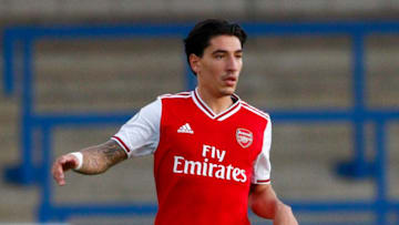 TELFORD, ENGLAND - SEPTEMBER 20: Hector Bellerin of Arsenal during the Premier League 2 match between Wolverhampton Wanderers and Arsenal at New Bucks Head Stadium on September 20, 2019 in Telford, England. (Photo by Morgan Harlow/Getty Images)