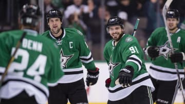 Dec 13, 2016; Dallas, TX, USA; Dallas Stars defenseman Jordie Benn (24) and left wing Jamie Benn (14) and center Tyler Seguin (91) and center Jason Spezza (90) celebrate a goal against the Anaheim Ducks during the third period at the American Airlines Center. The Stars defeat the Ducks 6-2. Mandatory Credit: Jerome Miron-USA TODAY Sports