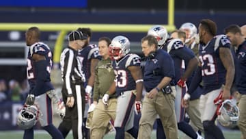 Nov 8, 2015; Foxborough, MA, USA; New England Patriots running back Dion Lewis (33) walks off the field after a play against the Washington Redskins in the second half at Gillette Stadium. The Patriots defeated the Redskins 27-10. Mandatory Credit: David Butler II-USA TODAY Sports