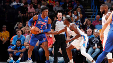 OKLAHOMA CITY, OK - OCTOBER 3: Stanley Johnson #7 of the Detroit Pistons handles the ball against the Oklahoma City Thunder during a pre-season game on October 3, 2018 at the Chesapeake Energy Arena in Oklahoma City, Oklahoma. NOTE TO USER: User expressly acknowledges and agrees that, by downloading and or using this photograph, User is consenting to the terms and conditions of the Getty Images License Agreement. Mandatory Copyright Notice: Copyright 2018 NBAE (Photo by Jeff Haynes/NBAE via Getty Images)