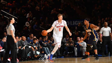 NEW YORK, NY - MARCH 14 : Kristaps Porzingis #6 of the New York Knicks drives to the basket against the Indiana Pacers at Madison Square Garden on March 14, 2017 in New York, New York Copyright 2017 NBAE (Photo by Jesse D. Garrabrant/NBAE via Getty Images)