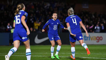 Guro Reiten of Chelsea (C) congratulates teammate Millie Bright (Photo by Alex Burstow/Getty Images)