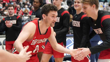 WASHINGTON, DC - FEBRUARY 05: Foster Loyer #0 of the Davidson Wildcats is introduced before a college basketball game against the George Washington Colonials at the Smith Center on February 5, 2022 in Washington, DC. (Photo by Mitchell Layton/Getty Images)
