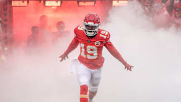 Jan 21, 2023; Kansas City, Missouri, USA; Kansas City Chiefs wide receiver Kadarius Toney (19) is introduced prior to an AFC divisional round game at GEHA Field at Arrowhead Stadium. Mandatory Credit: Denny Medley-USA TODAY Sports