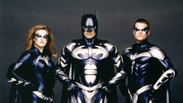 American actors Alicia Silverstone, George Clooney and Chris O'Donnell on the set of Batman & Robin, directed by Joel Schumacher. (Photo by Warner Bros. Pictures/Sunset Boulevard/Corbis via Getty Images)
