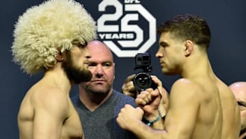 BROOKLYN, NEW YORK - APRIL 06: (L-R) Khabib Nurmagomedov of Russia and Al Iaquinta face off during the UFC 223 weigh-in inside Barclays Center on April 6, 2018 in Brooklyn, New York. (Photo by Jeff Bottari/Zuffa LLC/Zuffa LLC via Getty Images)
