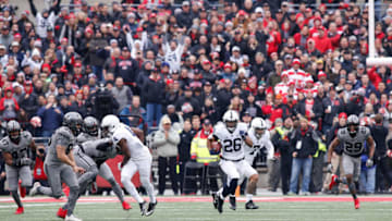 COLUMBUS, OH - OCTOBER 28: Penn State Nittany Lions running back Saquon Barkley (26) returns the opening kickoff for a touchdown during first quarter game action between the Penn State Nittany Lions (2) and the Ohio State Buckeyes (6) on October 28, 2017 at Ohio Stadium in Columbus, Ohio. Penn State leads Ohio State 7-0. (Photo by Scott W. Grau/Icon Sportswire via Getty Images)