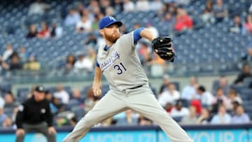 May 12, 2016; Bronx, NY, USA; Kansas City Royals starting pitcher Ian Kennedy (31) pitches during the first inning against the New York Yankees at Yankee Stadium. Mandatory Credit: Anthony Gruppuso-USA TODAY Sports