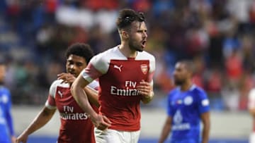 DUBAI, UNITED ARAB EMIRATES - MARCH 26: Carl Jenkinson celebrates scoring a goal for Arsenal during the match between Al-Nasr Dubai SC and Arsenal at Al Maktoum Stadium on March 26, 2019 in Dubai, United Arab Emirates. (Photo by David Price/Arsenal FC via Getty Images)