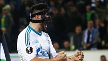 MOENCHENGLADBACH, GERMANY - MARCH 16: Sead Kolasinac of Schalke 04 celebrates after UEFA Europa League Round of 16 second leg match between Borussia Moenchengladbach and FC Schalke 04 at Borussia Park Stadium on March 16, 2017 in Moenchengladbach, Germany. (Photo by Alex Grimm/Bongarts/Getty Images )