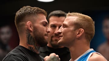 LAS VEGAS, NV - MARCH 01: (L-R) UFC bantamweight champion Cody Garbrandt and TJ Dillashaw face off during the filming of The Ultimate Fighter: Redemption at the UFC TUF Gym on March1, 2017 in Las Vegas, Nevada. (Photo by Brandon Magnus/Zuffa LLC/Zuffa LLC via Getty Images)