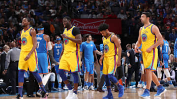 OKLAHOMA CITY, OK - APRIL 3: The Golden State Warriors walking off court at halftime during the game against the Oklahoma City Thunder on April 3, 2018 at Chesapeake Energy Arena in Oklahoma City, Oklahoma. NOTE TO USER: User expressly acknowledges and agrees that, by downloading and or using this photograph, User is consenting to the terms and conditions of the Getty Images License Agreement. Mandatory Copyright Notice: Copyright 2018 NBAE (Photo by Joe Murphy/NBAE via Getty Images)