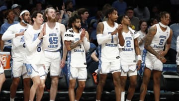 NEW YORK, NEW YORK - MARCH 10: The North Carolina Tar Heels react during the second half against the Virginia Cavaliers in the 2022 Men's ACC Basketball Tournament - Quarterfinals at Barclays Center on March 10, 2022 in the Brooklyn borough of New York City. The Tar Heels won 63-43. (Photo by Sarah Stier/Getty Images)