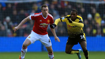WATFORD, ENGLAND - NOVEMBER 21: Phil Jones of Manchester United and Odion Ighalo of Watford compete for the ball during the Barclays Premier League match between Watford and Manchester United at Vicarage Road on November 21, 2015 in Watford, England. (Photo by Stephen Pond/Getty Images)