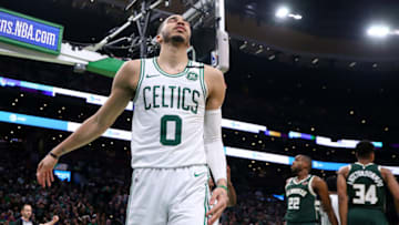 BOSTON, MASSACHUSETTS - MAY 03: Jayson Tatum #0 of the Boston Celtics reacts during the second half of Game 3 of the Eastern Conference Semifinals of the 2019 NBA Playoffs against the Milwaukee Bucks at TD Garden on May 03, 2019 in Boston, Massachusetts. The Bucks defeat the Celtics 123 - 116. (Photo by Maddie Meyer/Getty Images)