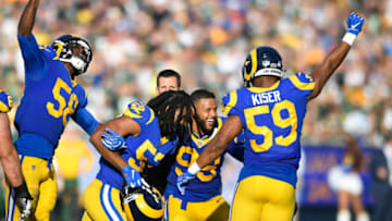 LOS ANGELES, CA - OCTOBER 28: Los Angeles Rams celebrate a fumble recovery against the Green Bay Packers at Los Angeles Memorial Coliseum on October 28, 2018 in Los Angeles, California. (Photo by John McCoy/Getty Images)