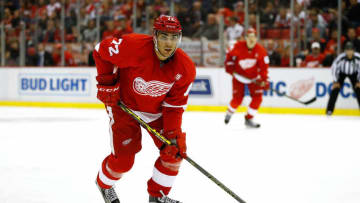 Andreas Athanasiou of the Detroit Red Wings skates while playing the Winnipeg Jets at Joe Louis Arena on November 4, 2016 in Detroit, Michigan. Winnipeg won the game 5-3. (Photo by Gregory Shamus/Getty Images)