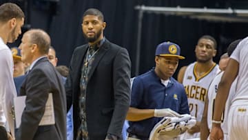 Nov 25, 2016; Indianapolis, IN, USA; Indiana Pacers forward Paul George (13) during a timeout in the second half of the game against the Brooklyn Nets at Bankers Life Fieldhouse. The Indiana Pacers beat the Brooklyn Nets 118-97. Mandatory Credit: Trevor Ruszkowski-USA TODAY Sports