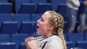Louisville’s Hailey Van Lith celebrates after beating Kentucky.Dec. 11, 2022Kentucky Louisville 10