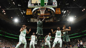 BOSTON, MA - APRIL 28: Thon Maker #7 of the Milwaukee Bucks goes up for a dunk against the Boston Celtics in Game Seven of Round One of the 2018 NBA. Playoffs on April 28, 2018 at the TD Garden in Boston, Massachusetts. NOTE TO USER: User expressly acknowledges and agrees that, by downloading and or using this photograph, User is consenting to the terms and conditions of the Getty Images License Agreement. Mandatory Copyright Notice: Copyright 2018 NBAE (Photo by Brian Babineau/NBAE via Getty Images)