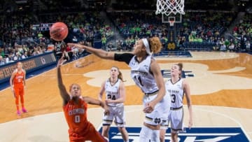 Feb 25, 2016; South Bend, IN, USA; Notre Dame Fighting Irish forward Brianna Turner (11) blocks a shot attempt by Clemson Tigers wing Nelly Perry (0) in the third quarter at the Purcell Pavilion. Notre Dame won 71-52. Mandatory Credit: Matt Cashore-USA TODAY Sports