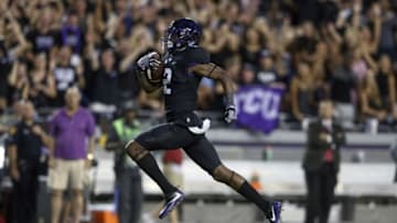 Oct 1, 2016; Fort Worth, TX, USA; TCU Horned Frogs wide receiver Taj Williams (2) runs during the game against the Oklahoma Sooners at Amon G. Carter Stadium. Mandatory Credit: Kevin Jairaj-USA TODAY Sports