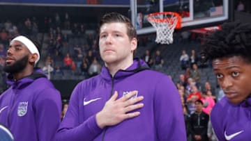 SACRAMENTO, CA - MARCH 27: Jack Cooley #45 of the Sacramento Kings stands for the national anthem of the game against the Dallas Mavericks on March 27, 2018 at Golden 1 Center in Sacramento, California. NOTE TO USER: User expressly acknowledges and agrees that, by downloading and or using this photograph, User is consenting to the terms and conditions of the Getty Images Agreement. Mandatory Copyright Notice: Copyright 2018 NBAE (Photo by Rocky Widner/NBAE via Getty Images)