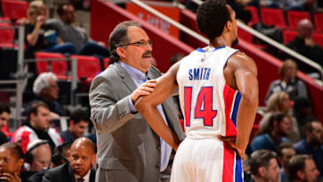 DETROIT, MI - FEBRUARY 7: Head Coach Stan Van Gundy of the Detroit Pistons and Ish Smith