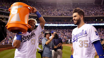 Eric Hosmer #35 of the Kansas City Royals waits for the water bucket dunk by Salvador Perez #13 after the Royals defeated the Minnesota Twins 8-1 (Photo by Jamie Squire/Getty Images)