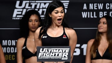 LAS VEGAS, NV - NOVEMBER 30: Rachel Ostovich poses on the scale during the TUF Finale weigh-in inside Park Theater on November 30, 2017 in Las Vegas, Nevada. (Photo by Jeff Bottari/Zuffa LLC/Zuffa LLC via Getty Images)