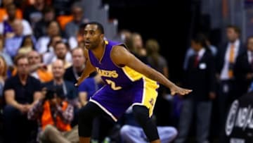 Oct 29, 2014; Phoenix, AZ, USA; Los Angeles Lakers guard Wayne Ellington (2) against the Phoenix Suns during the home opener at US Airways Center. The Suns defeated the Lakers 119-99. Mandatory Credit: Mark J. Rebilas-USA TODAY Sports