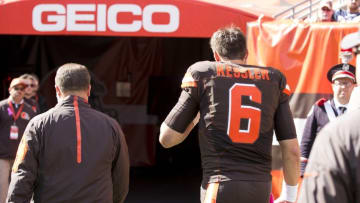 Oct 9, 2016; Cleveland, OH, USA; Cleveland Browns quarterback Cody Kessler (6) walks back to the locker room after in injury during the first quarter against the New England Patriots at FirstEnergy Stadium. Mandatory Credit: Scott R. Galvin-USA TODAY Sports
