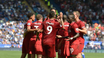 LEICESTER, ENGLAND - SEPTEMBER 01: (THE SUN OUT, THE SUN ON SUNDAY OUT) Roberto Firmino of Liverpool celebrates after scoring the second goal during the Premier League match between Leicester City and Liverpool FC at The King Power Stadium on September 1, 2018 in Leicester, United Kingdom. (Photo by Andrew Powell/Liverpool FC via Getty Images)