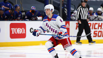 UNIONDALE, NEW YORK - MAY 01: Zac Jones #6 of the New York Rangers skates against the New York Islanders at the Nassau Coliseum on May 01, 2021 in Uniondale, New York. (Photo by Bruce Bennett/Getty Images)