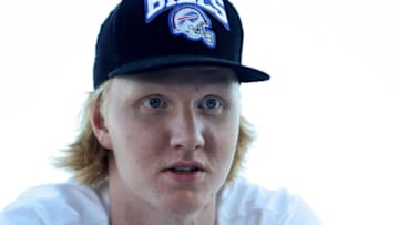 SUNRISE, FLORIDA - FEBRUARY 02: Rasmus Dahlin #26 of the Buffalo Sabres speaks to the media during 2023 NHL All-Star Media Day at FLA Live Arena on February 02, 2023 in Sunrise, Florida. (Photo by Megan Briggs/Getty Images)
