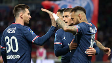 Neymar Jr celebrates his goal with Lionel Messi, Marco Verratti - a goal ultimately cancelled - during the Ligue 1 Uber Eats match between PSG and ESTAC Troyes at Parc des Princes stadium on May 8, 2022 in Paris, France. (Photo by John Berry/Getty Images)