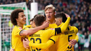 BREMEN, GERMANY - FEBRUARY 22: (BILD ZEITUNG OUT) Erling Haaland of Borussia Dortmund celebrates after scoring his team's second goal during the Bundesliga match between SV Werder Bremen and Borussia Dortmund at Wohninvest Weserstadion on February 22, 2020 in Bremen, Germany. (Photo by Max Maiwald/DeFodi Images via Getty Images)