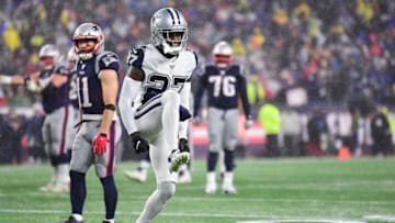 FOXBOROUGH, MA - NOVEMBER 24: Jourdan Lewis #27 of the Dallas Cowboys reacts during the second quarter of a game against the New England Patriots at Gillette Stadium on November 24, 2019 in Foxborough, Massachusetts. (Photo by Billie Weiss/Getty Images)