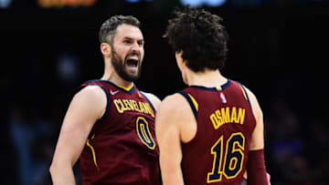 Feb 6, 2022; Cleveland, Ohio, USA; Cleveland Cavaliers forward Kevin Love (0) celebrates with forward Cedi Osman (16) after a three point basket during the second half against the Indiana Pacers at Rocket Mortgage FieldHouse. Mandatory Credit: Ken Blaze-USA TODAY Sports