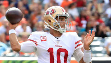 CINCINNATI, OHIO - SEPTEMBER 15: Jimmy Garoppolo #10 of the San Francisco 49ers throws the ball during the game against the Cincinnati Bengals at Paul Brown Stadium on September 15, 2019 in Cincinnati, Ohio. (Photo by Andy Lyons/Getty Images)